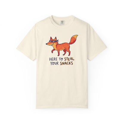 "Here to Steal Your Snacks" Graphic T-Shirt — Cute Snack Thief Fox Tee