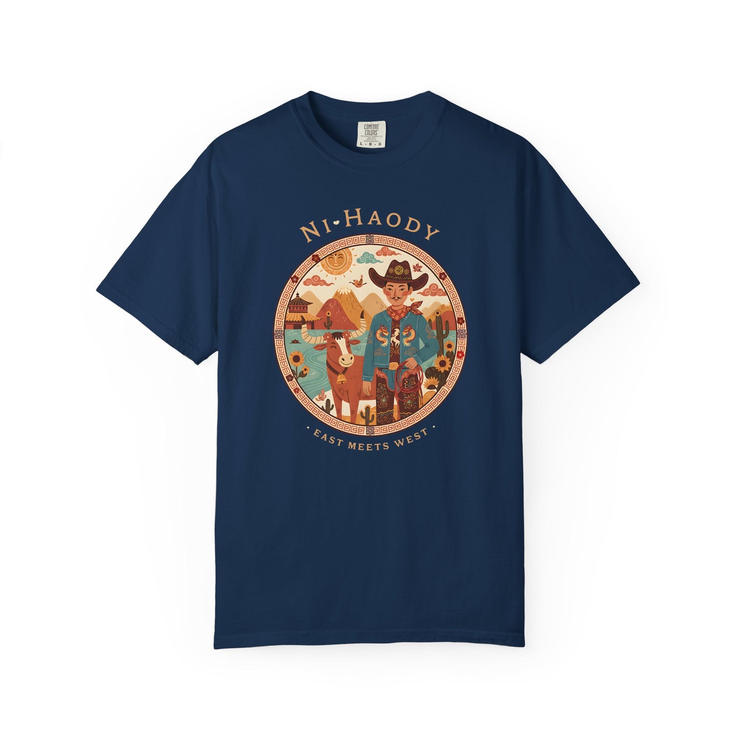 "Ni-Haody. Easts Meets West" Asian Cowboy Camp Graphic T-Shirt — Western Illustration Tee