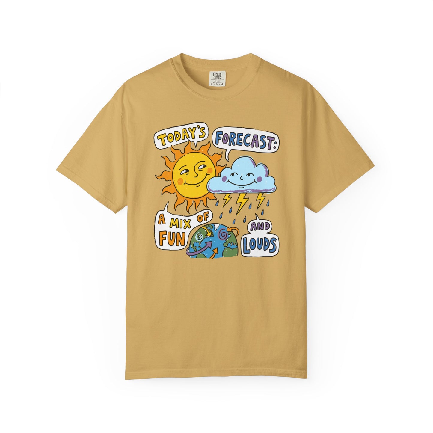 "Today's Forecast: A Mix of Fun and Louds" Tee — Playful Weather Cartoon T-Shirt