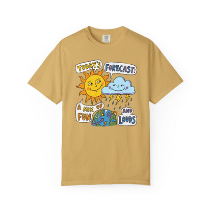 "Today's Forecast: A Mix of Fun and Louds" Tee — Playful Weather Cartoon T-Shirt