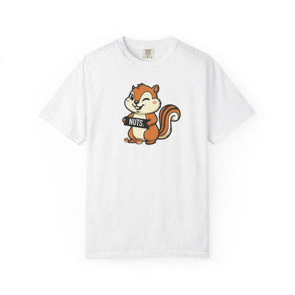 "Chestnuts: Nuts" Couples Tee - Chipmunk Holding 'NUTS' Funny Chestnut Graphic T-Shirt
