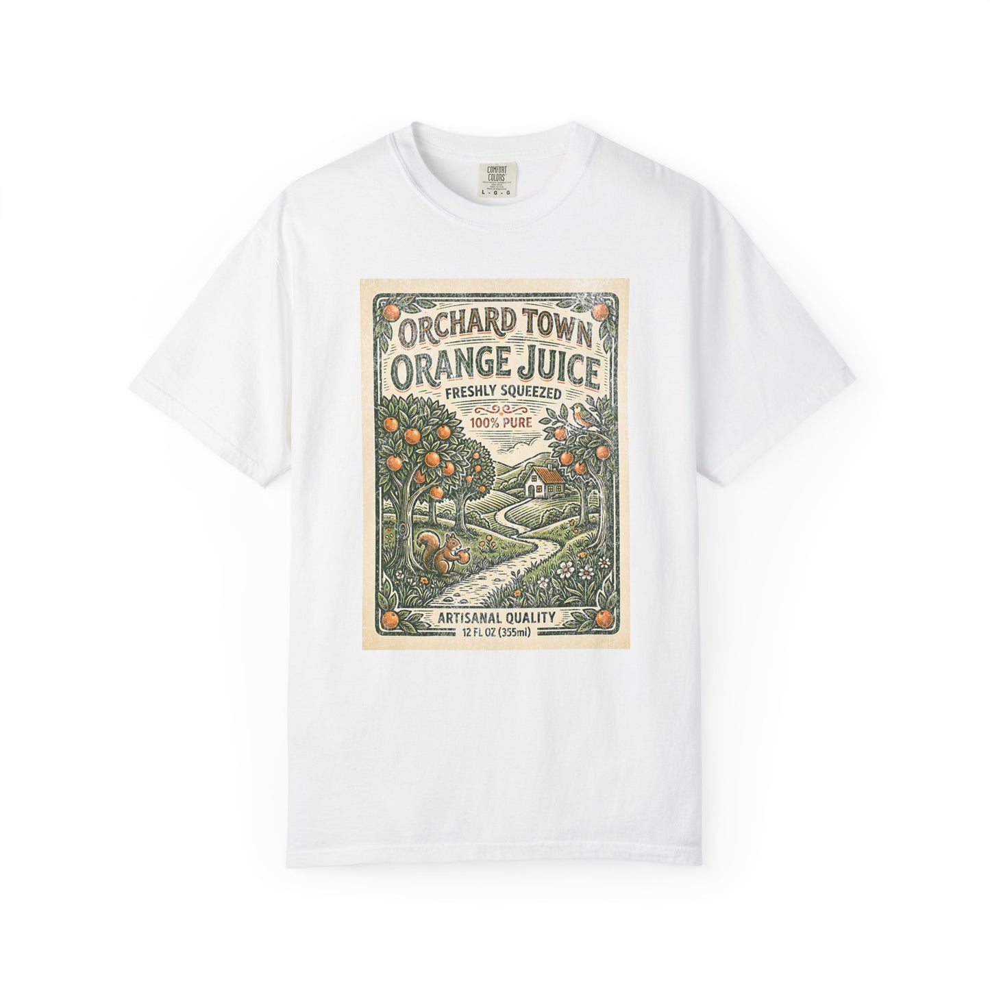 Orchard Town Orange Juice T-Shirt - Vintage Linocut Graphic Tee