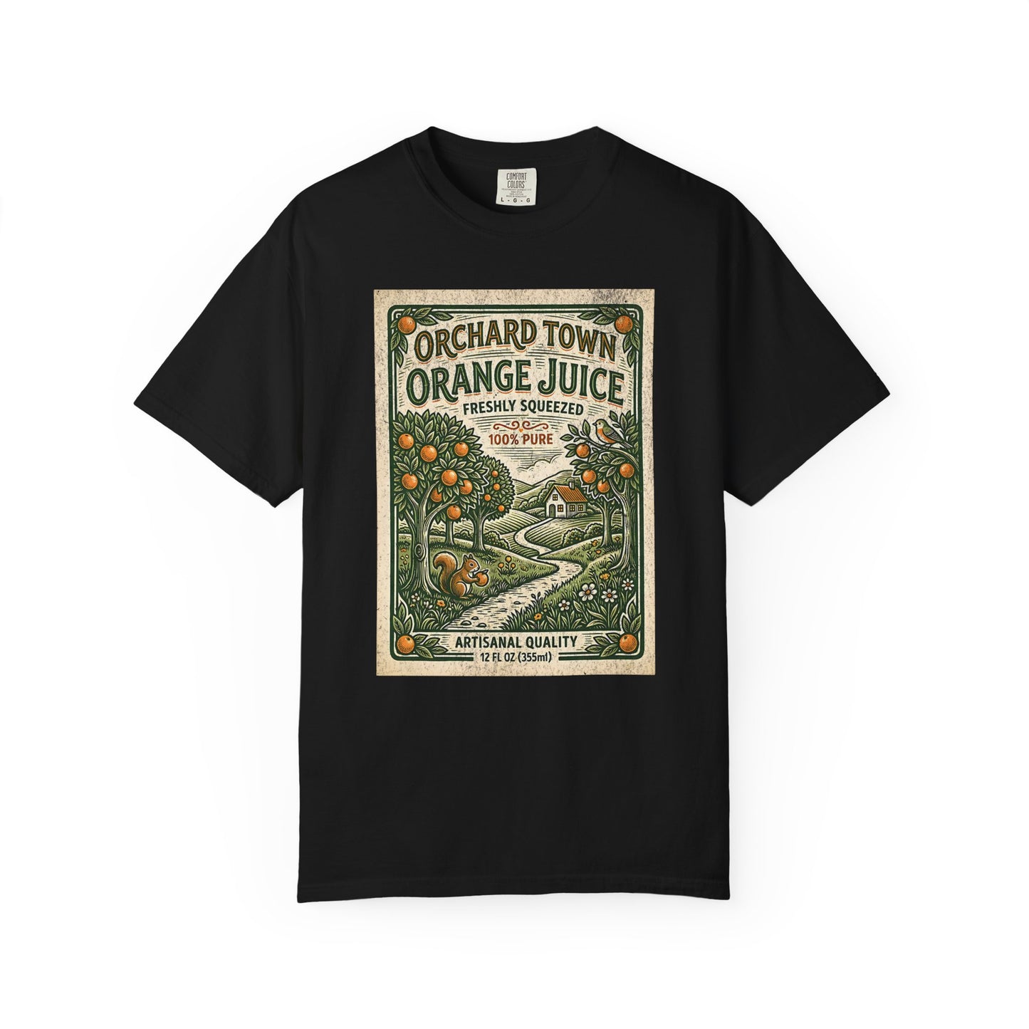 Orchard Town Orange Juice T-Shirt - Vintage Linocut Graphic Tee