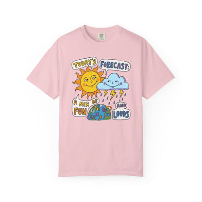 "Today's Forecast: A Mix of Fun and Louds" Tee — Playful Weather Cartoon T-Shirt