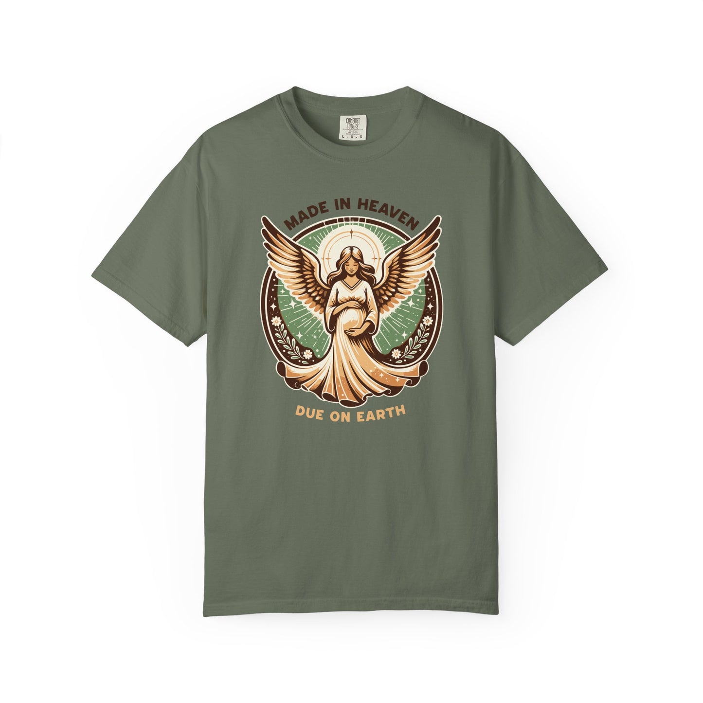 "Made in Heaven, Due on Earth" Angel Graphic T-Shirt — Vintage Expecting Mother Tee