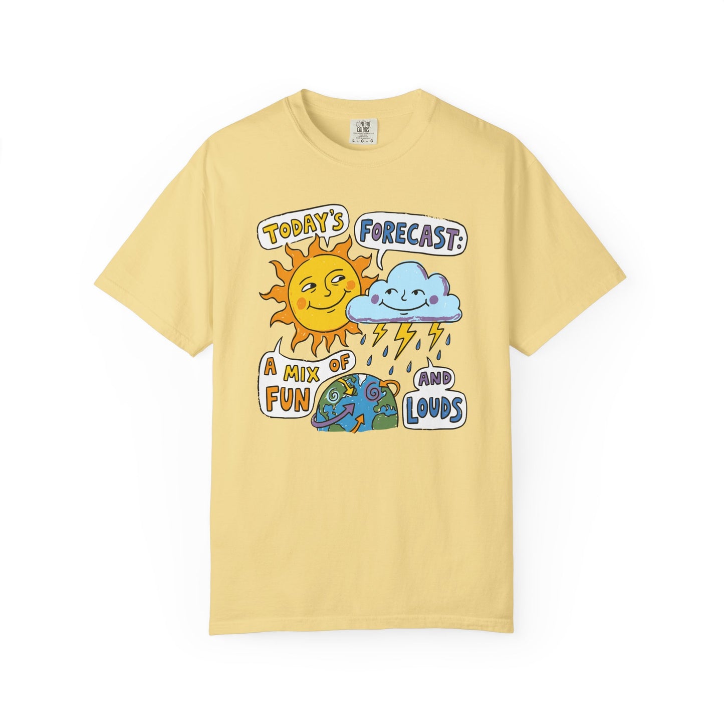 "Today's Forecast: A Mix of Fun and Louds" Tee — Playful Weather Cartoon T-Shirt
