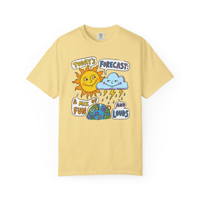 "Today's Forecast: A Mix of Fun and Louds" Tee — Playful Weather Cartoon T-Shirt