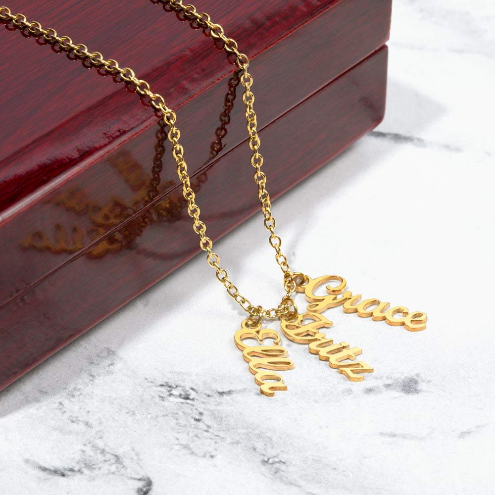 Multi Vertical Name Necklace: Cherished gift for besties & mama birds! | 18K gold finish