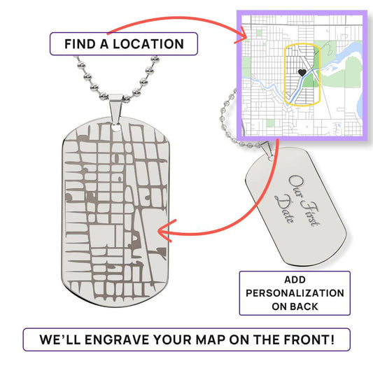 Personalized Map Dog Tag Necklace | Custom Engraved Location | Stainless Steel Gift for Him or Her