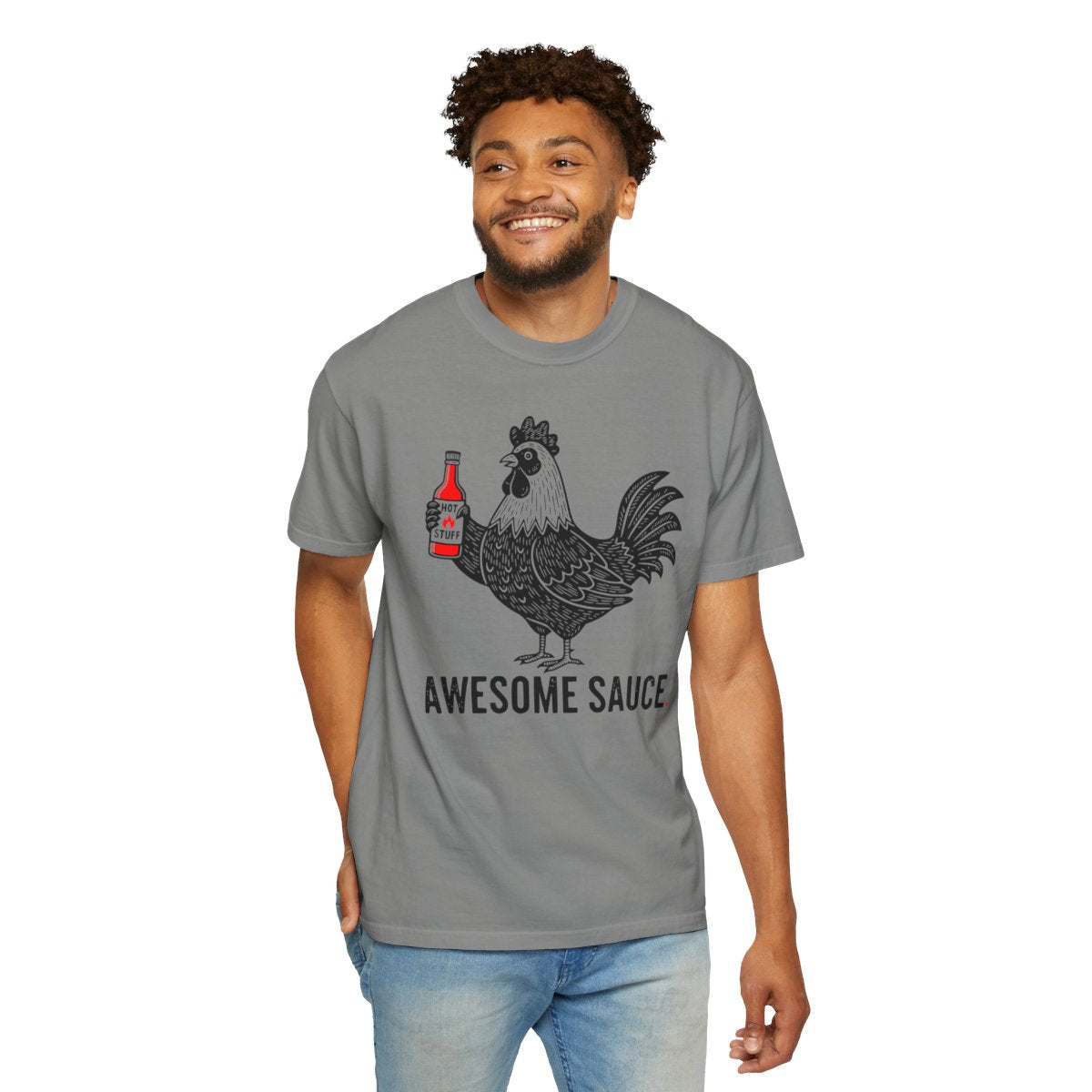 "Awesome Sauce" Hot Stuff T-Shirt - Vintage Linocut Rooster Graphic Tee