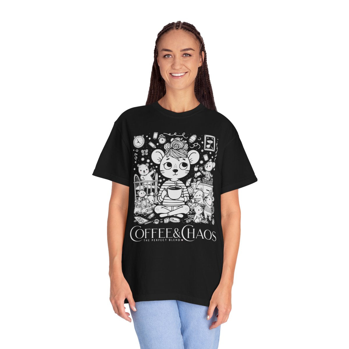 "Coffee & Chaos: The Perfect Blend" T-Shirt — Cute Kawaii Mouse Coffee Lover Tee