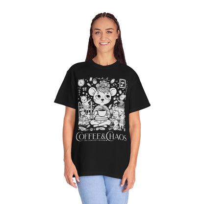 "Coffee & Chaos: The Perfect Blend" T-Shirt — Cute Kawaii Mouse Coffee Lover Tee