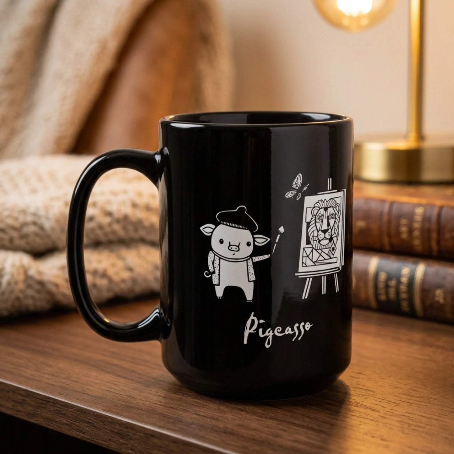 'Pigcasso' Pig Artist Black Ceramic Mug — Cute Art Lover Coffee Cup (11oz, 15oz)