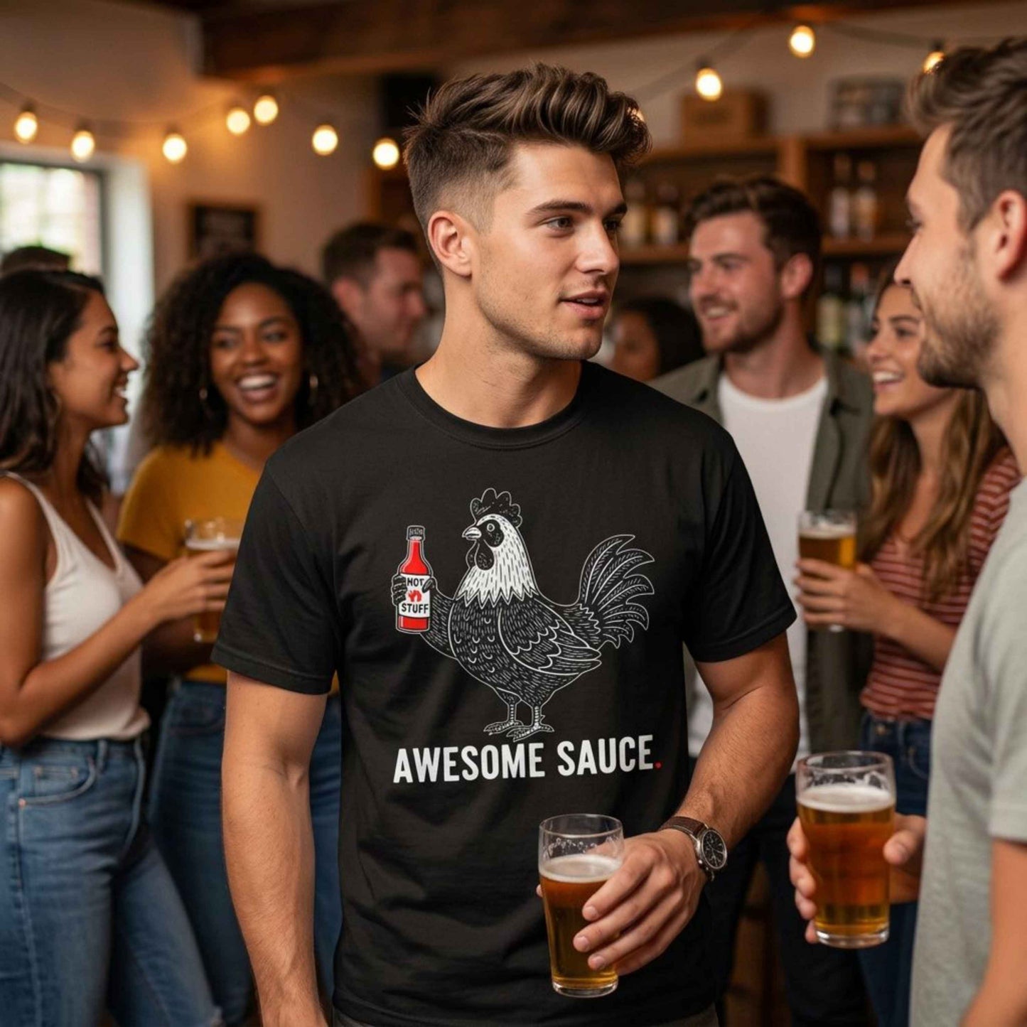 "Awesome Sauce" Hot Stuff T-Shirt - Vintage Linocut Rooster Graphic Tee