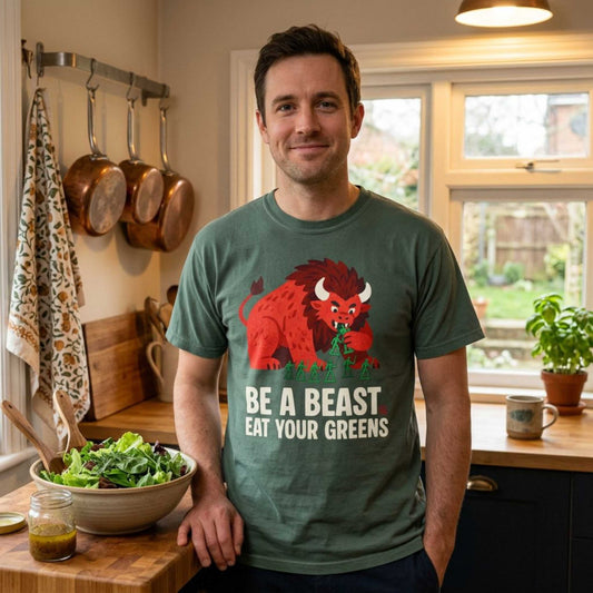 "Be a Beast. Eat Your Greens" T-shirt — Healthy Monster Eating Toy Soldiers Graphic Tee