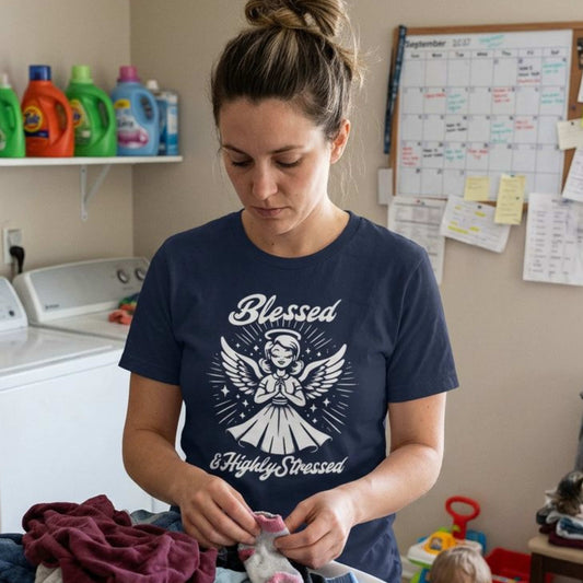 Blessed & Highly Stressed T-Shirt — Retro Angelic Graphic Tee