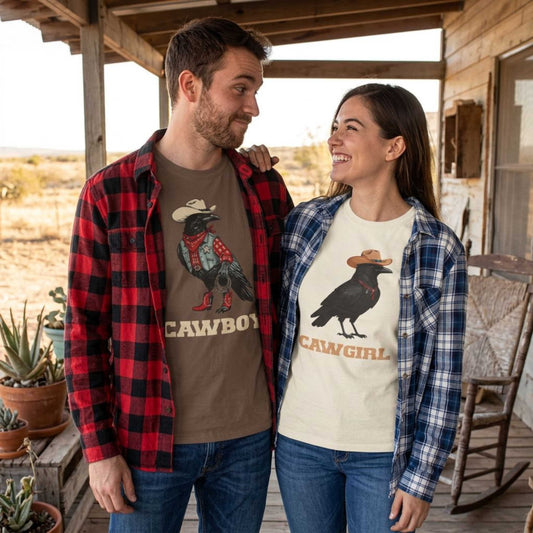 "Cawboy" Couples Tee — Western Crow Cowboy Graphic T-Shirt