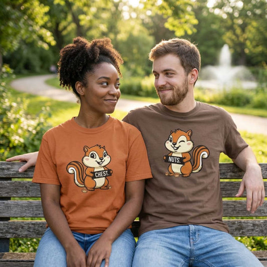 "Chestnuts: Nuts" Couples Tee - Chipmunk Holding 'NUTS' Funny Chestnut Graphic T-Shirt