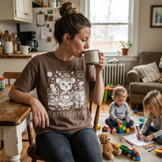 "Coffee & Chaos: The Perfect Blend" T-Shirt — Cute Kawaii Mouse Coffee Lover Tee