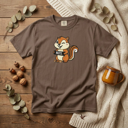 "Chestnuts: Nuts" Couples Tee - Chipmunk Holding 'NUTS' Funny Chestnut Graphic T-Shirt