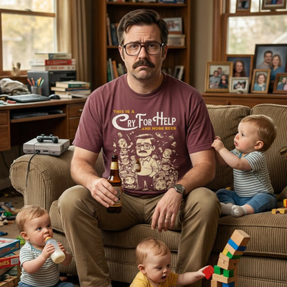 "This Is A Cry For Help ...and More Beer" T-Shirt — Cartoon Illustration Dad Tee