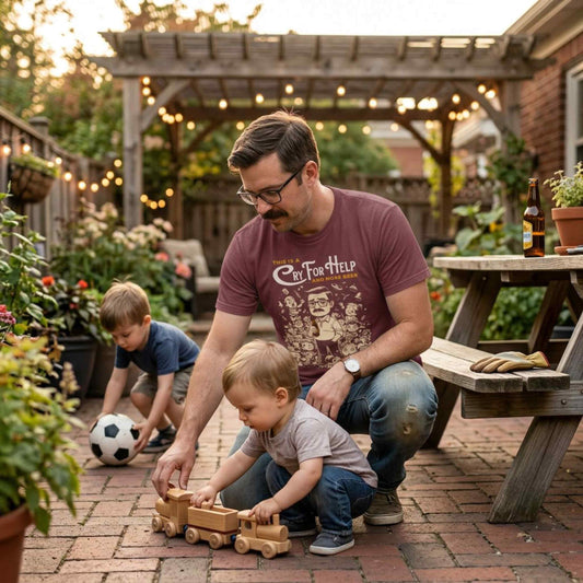 "This Is A Cry For Help ...and More Beer" T-Shirt — Cartoon Illustration Dad Tee
