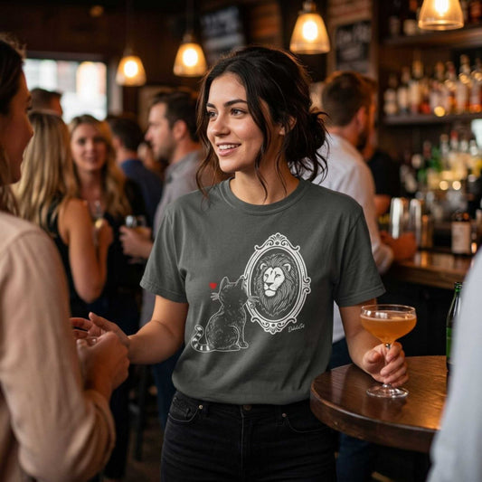 "DeluluCat" Cat Sees Lion in Mirror Reflection T-Shirt — Cute Delusional Illustration Tee