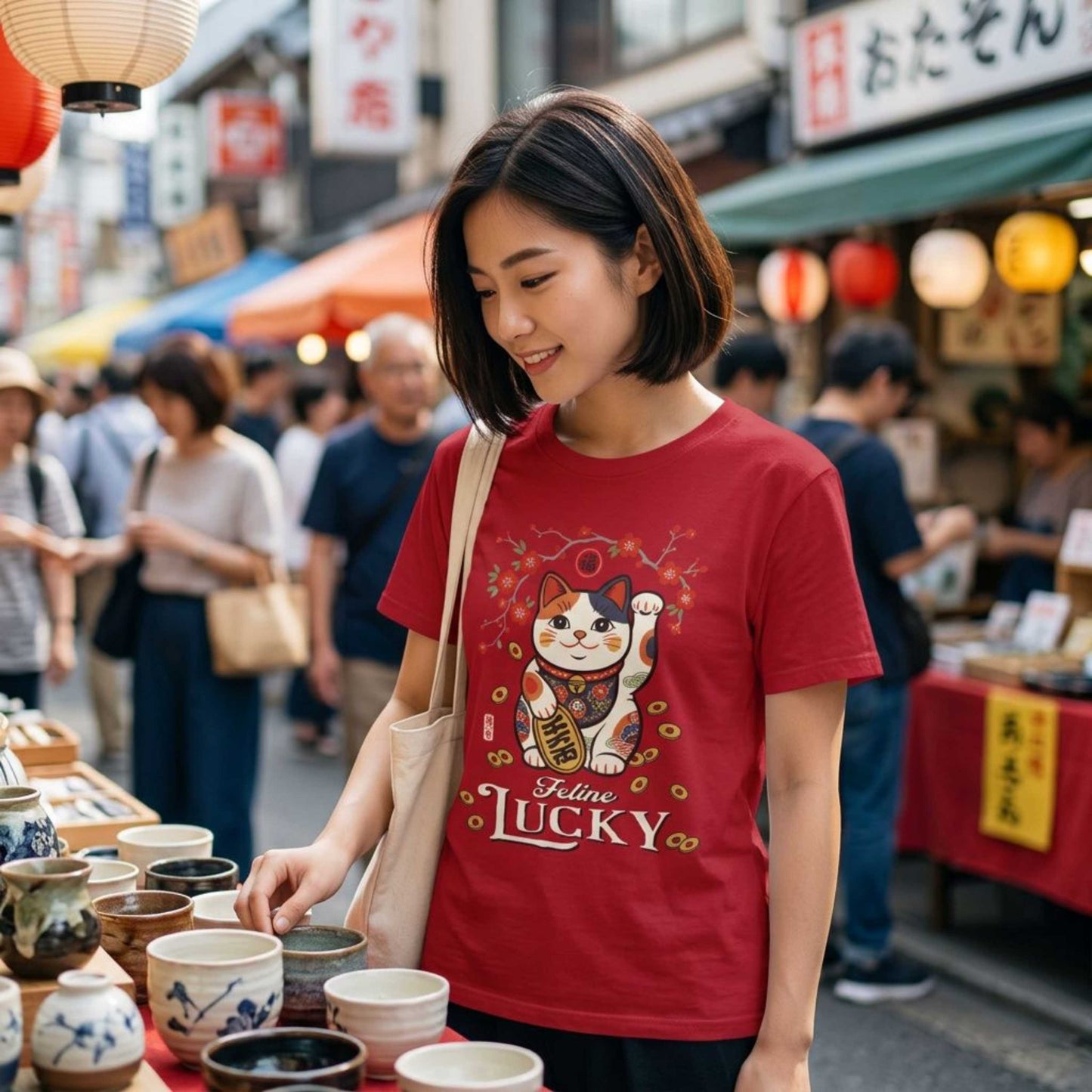 "Feline Lucky" T-Shirt — Lucky Maneki Neko Cat Graphic Tee