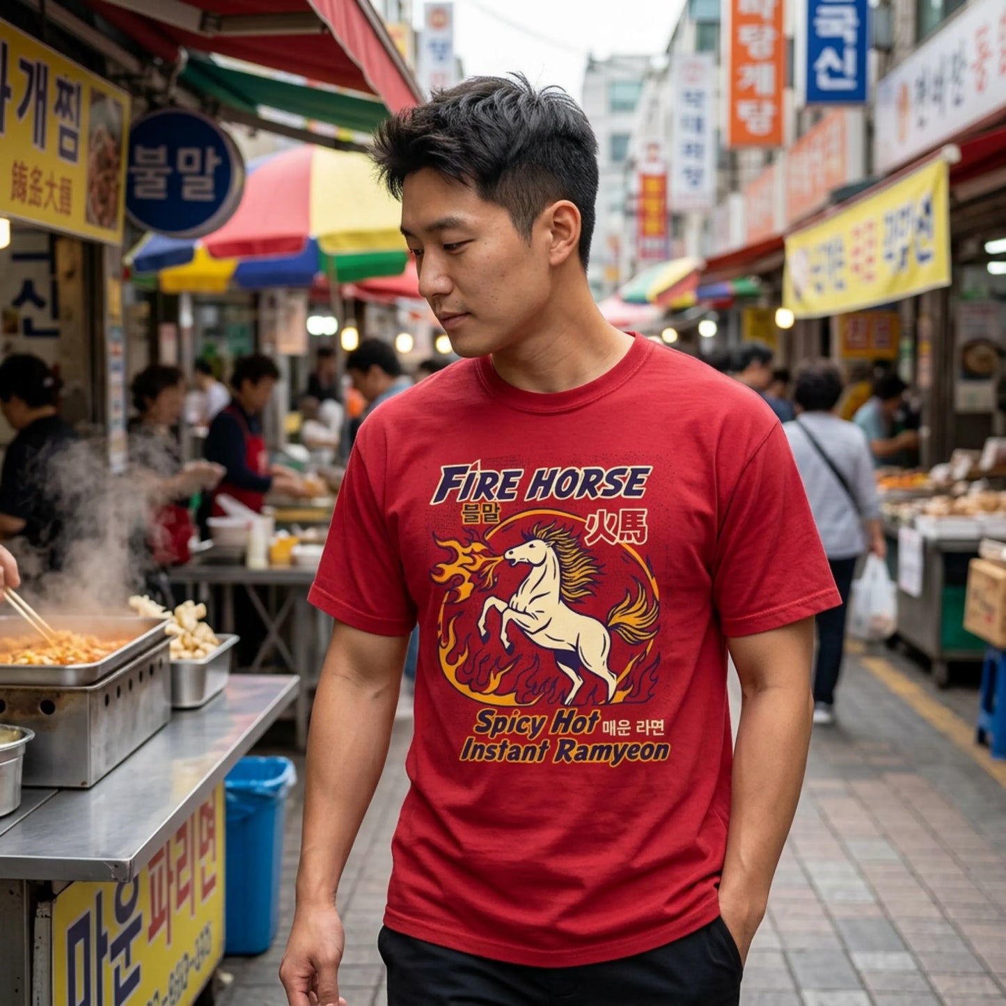 'Fire Horse' Spicy Hot Instant Ramyeon T-Shirt — Retro Lunar New Year Graphic Tee