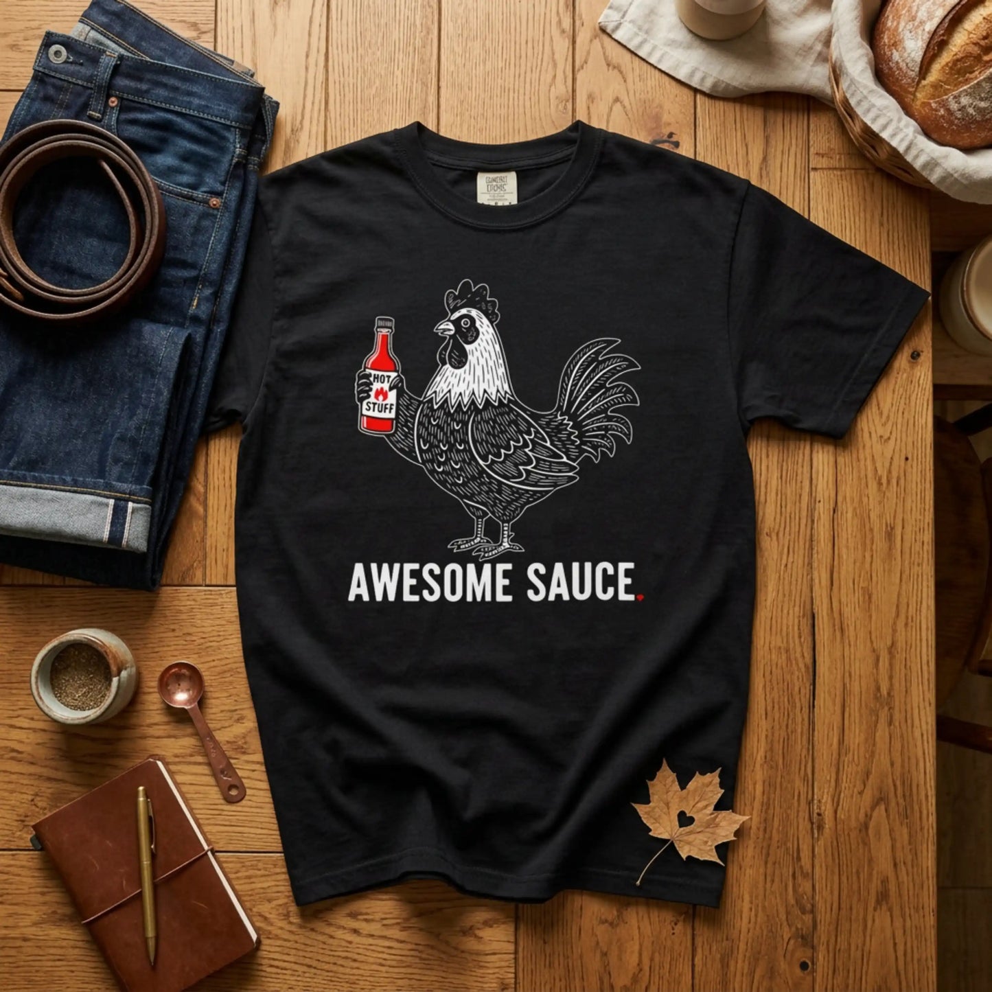 "Awesome Sauce" Hot Stuff T-Shirt - Vintage Linocut Rooster Graphic Tee