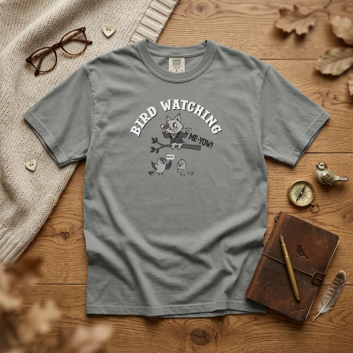 'Bird Watching' T-Shirt — Vintage Cartoon Cat Calling Graphic Tee