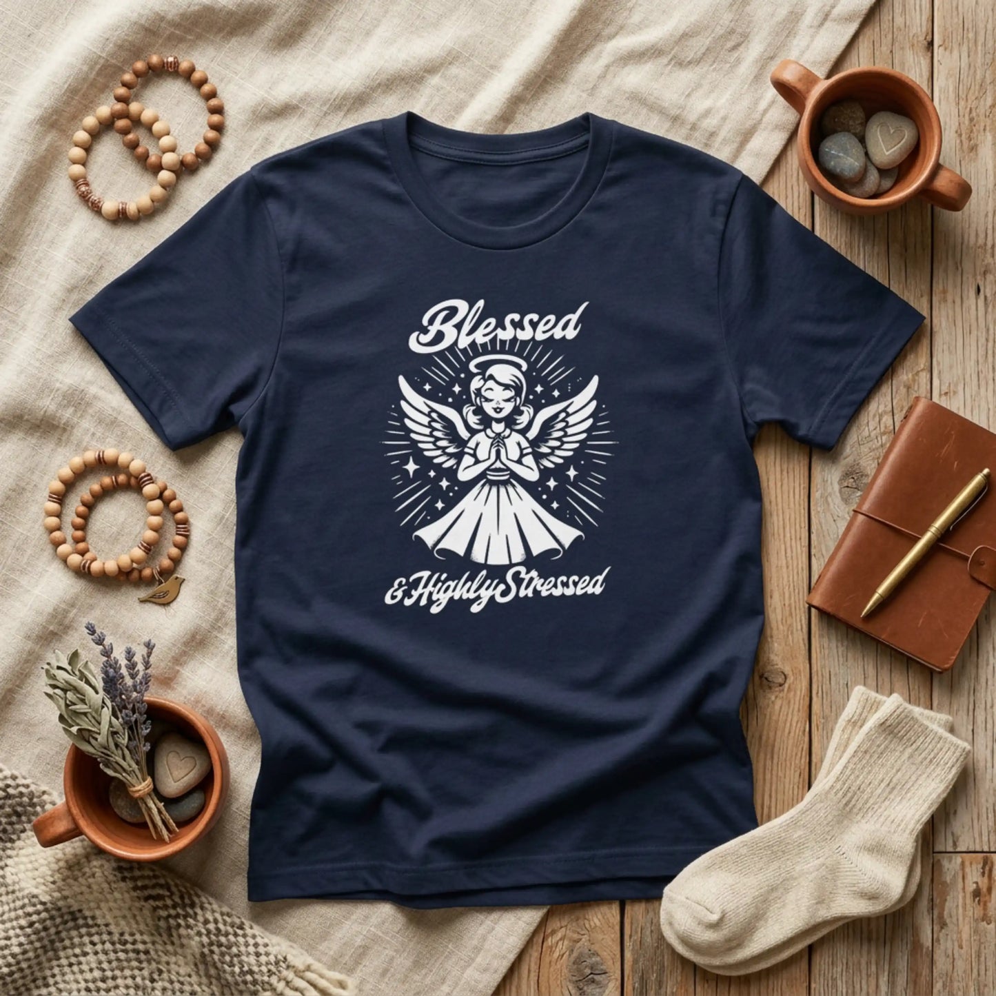 Blessed & Highly Stressed T-Shirt — Retro Angelic Graphic Tee