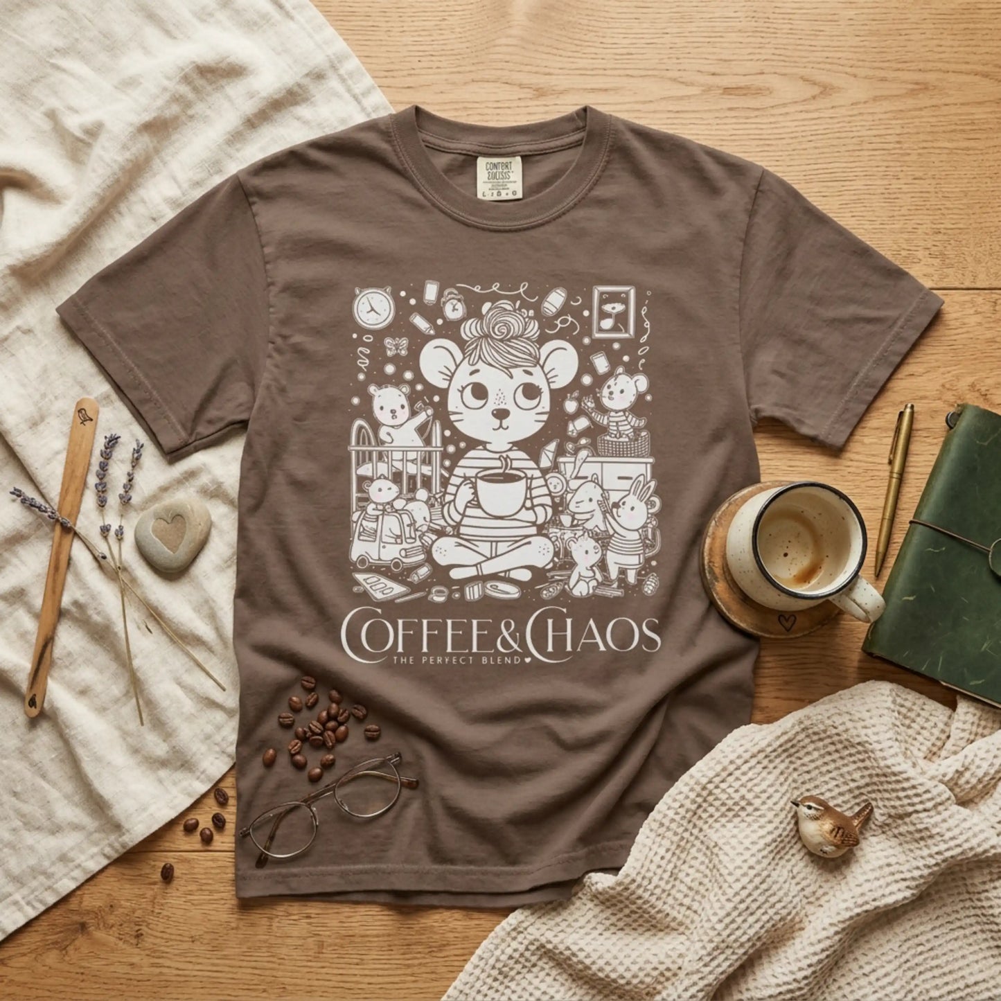 "Coffee & Chaos: The Perfect Blend" T-Shirt — Cute Kawaii Mouse Coffee Lover Tee