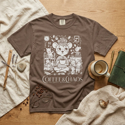 "Coffee & Chaos: The Perfect Blend" T-Shirt — Cute Kawaii Mouse Coffee Lover Tee