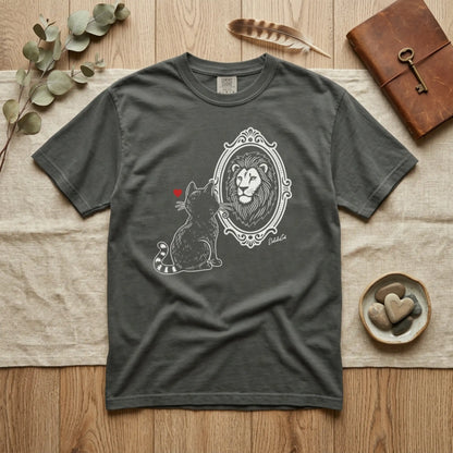 "DeluluCat" Cat Sees Lion in Mirror Reflection T-Shirt — Cute Delusional Illustration Tee