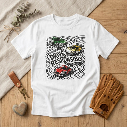 Drive Responsibly Vintage Car T-Shirt — Retro Racer Awareness Graphic Tee