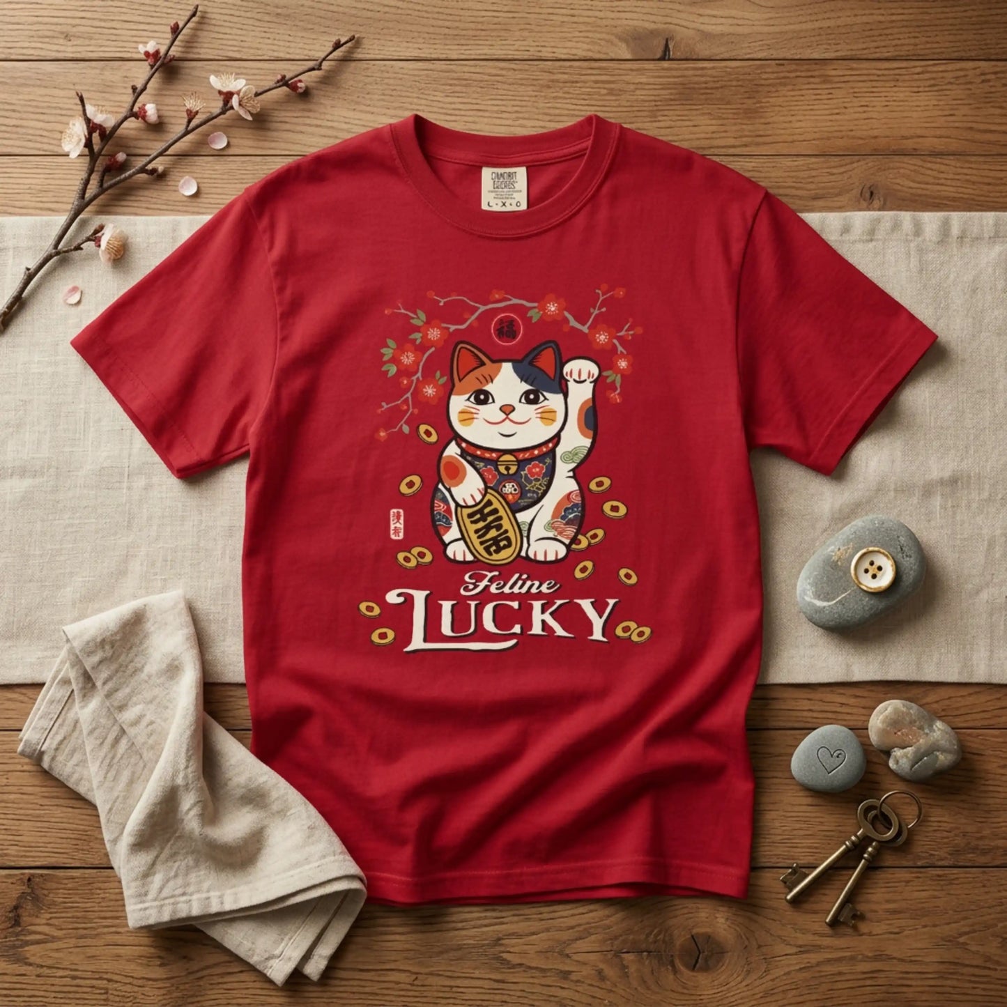 "Feline Lucky" T-Shirt — Lucky Maneki Neko Cat Graphic Tee