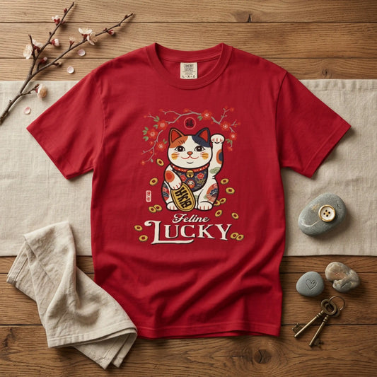 "Feline Lucky" T-Shirt — Lucky Maneki Neko Cat Graphic Tee