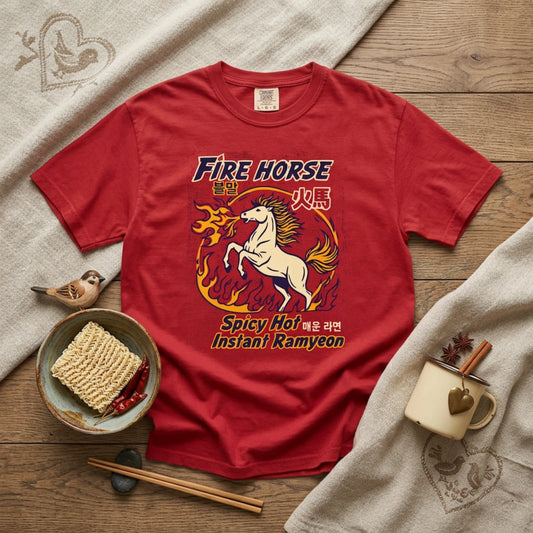 'Fire Horse' Spicy Hot Instant Ramyeon T-Shirt — Retro Lunar New Year Graphic Tee