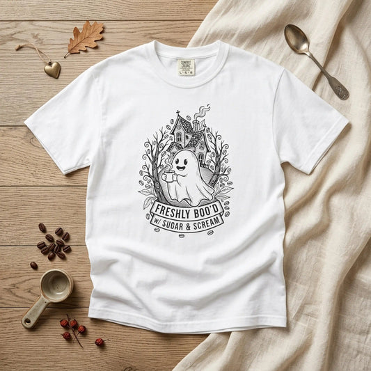 "Freshly Boo'd w/ Sugar & Scream" Cute Coffee Ghost Haunted House T-Shirt