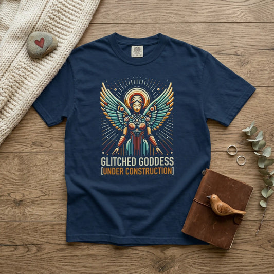 "Glitched Goddess (Under Construction)" T-Shirt — Unhinged Attitude Retro Sci‑Fi Graphic Tee