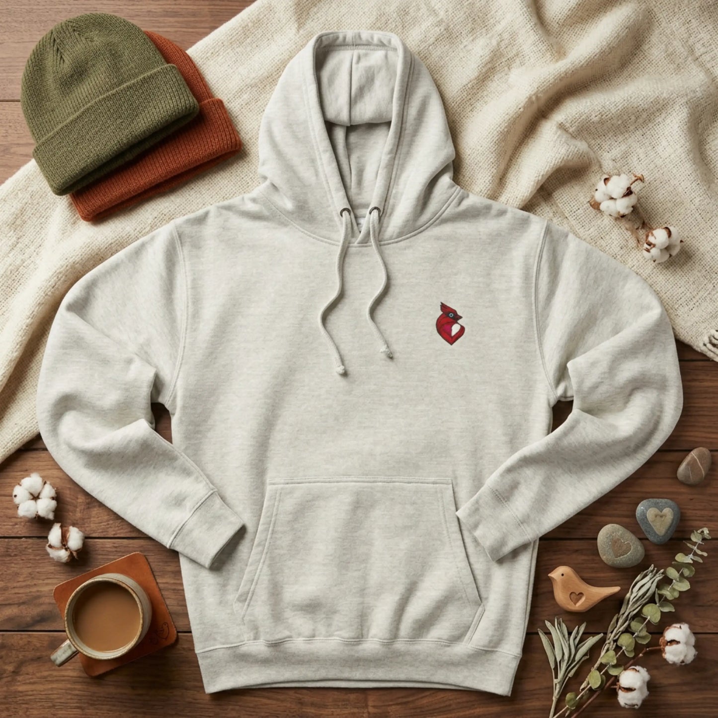 heartinal® "Snug as a Cardinal" Heart Chest Hoodie — Small Embroidered Bird Pullover