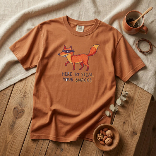 "Here to Steal Your Snacks" Graphic T-Shirt — Cute Snack Thief Fox Tee
