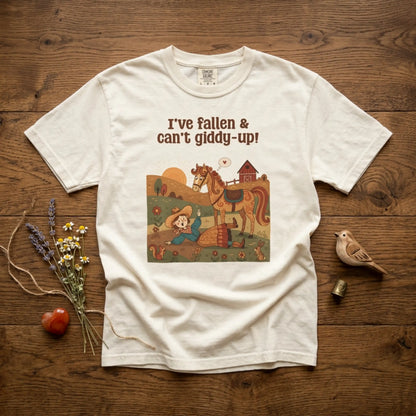 "I've Fallen & Can't Giddy-Up!" T-Shirt — Funny Western Cowgirl Horse Graphic Tee