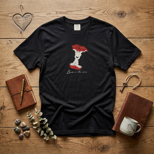 "Love is the Core" Apple Lovers Silhouette Linocut Graphic Tee | Romantic Vintage Art T-Shirt
