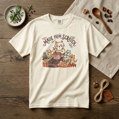 "Made From Scratch" T-Shirt - Cat Family Cooking Kittens Kitchen Mom Illustration Tee
