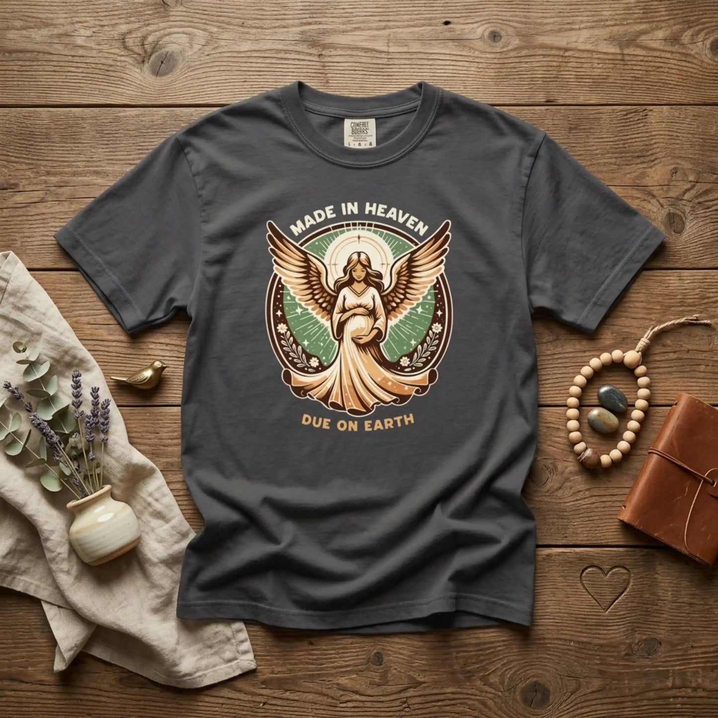 "Made in Heaven, Due on Earth" Angel Graphic T-Shirt — Vintage Expecting Mother Tee