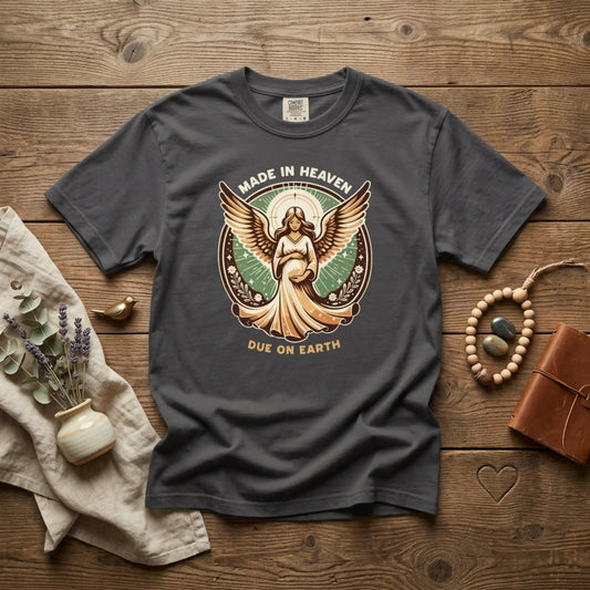 "Made in Heaven, Due on Earth" Angel Graphic T-Shirt — Vintage Expecting Mother Tee