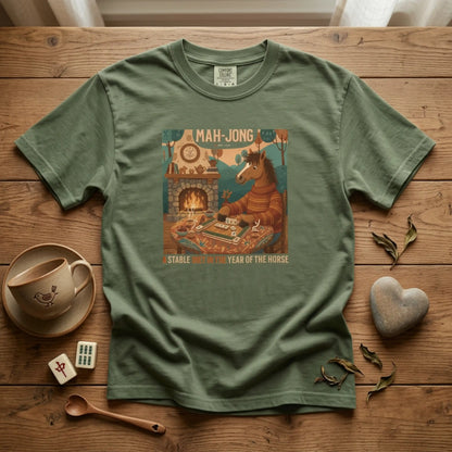 “Mah-Jong: A Stable Diet in the Year of the Horse” T-Shirt — Retro Cozy Mahjong Horse Design