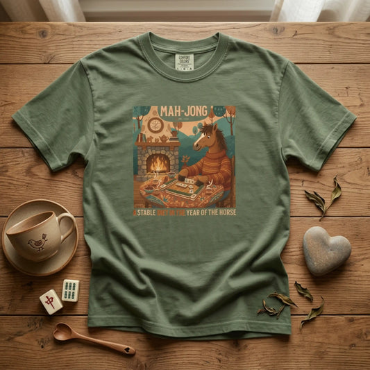“Mah-Jong: A Stable Diet in the Year of the Horse” T-Shirt — Retro Cozy Mahjong Horse Design